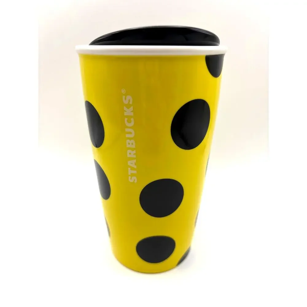 Starbucks 2015 Yellow Polka Dot Mermaid Siren Logo Tumbler Travel Mug NEW